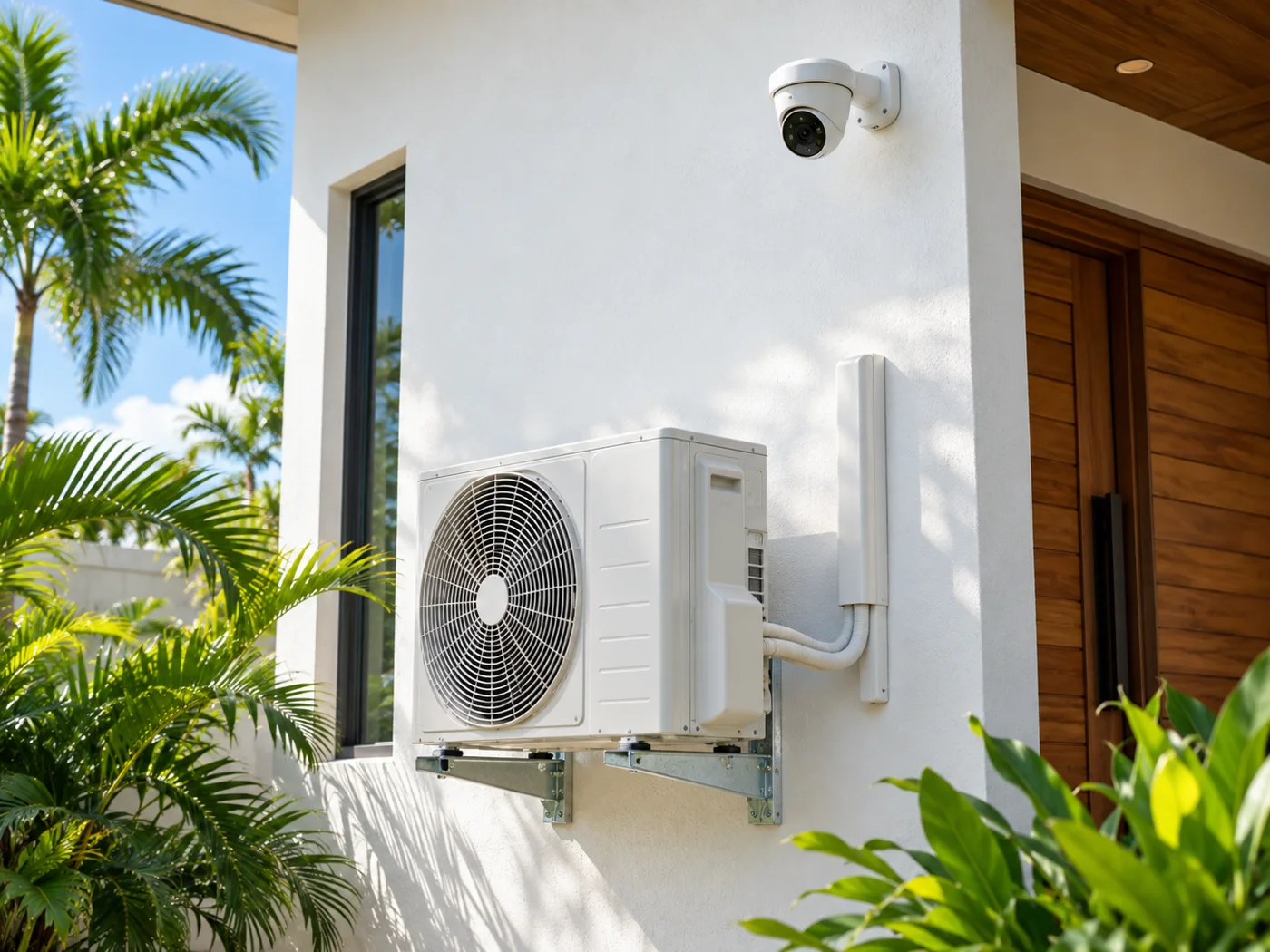 Air conditioning equipment and a security camera installed on a bright Caribbean property