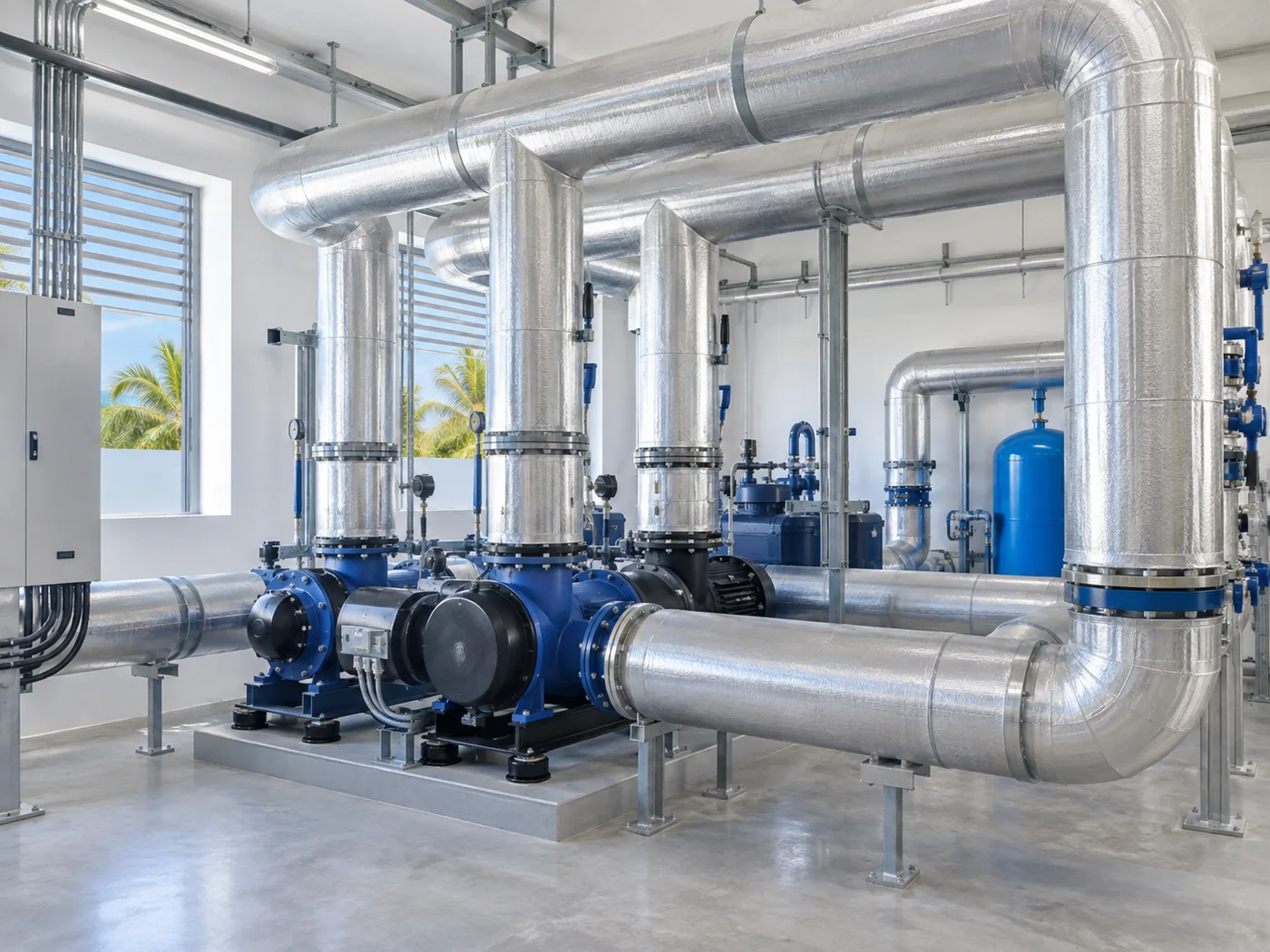 Insulated chilled-water pipework connected to pumps in a plant room