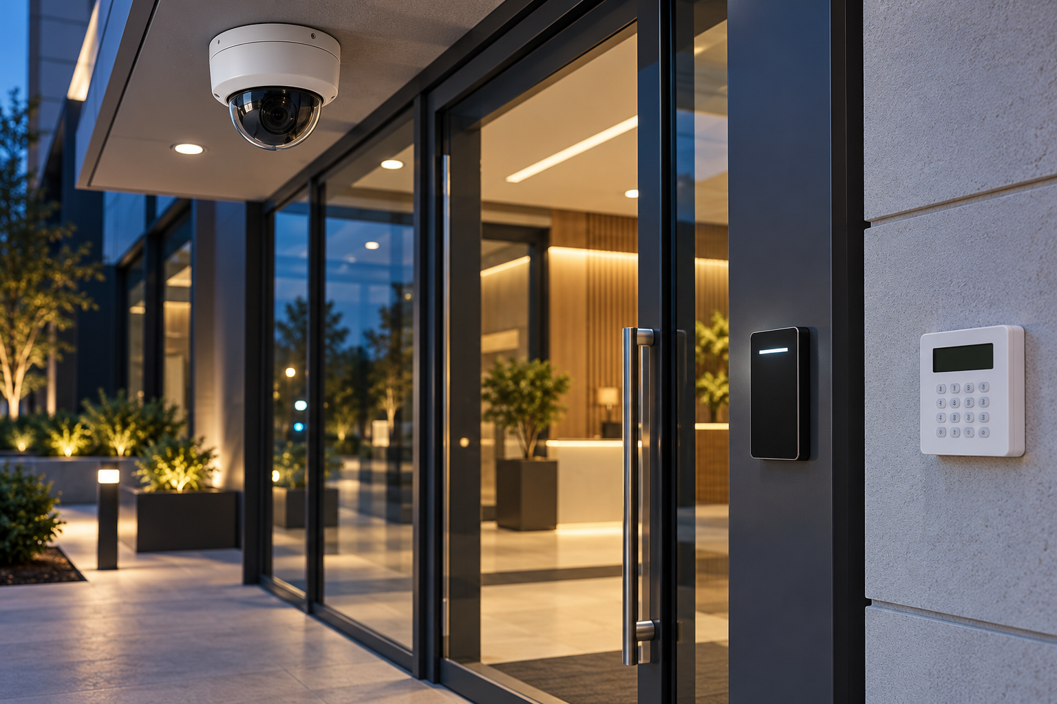 Surveillance camera and access control at a modern entrance
