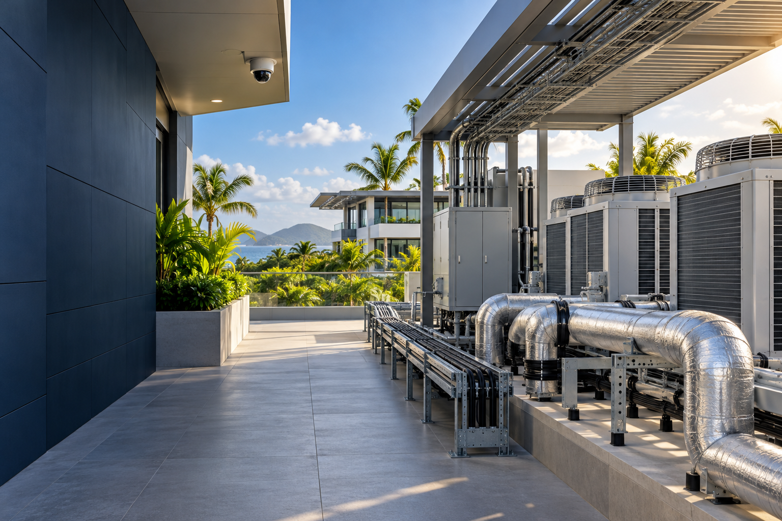 Illustration of HVAC equipment, insulated pipework and security infrastructure at a Caribbean commercial property