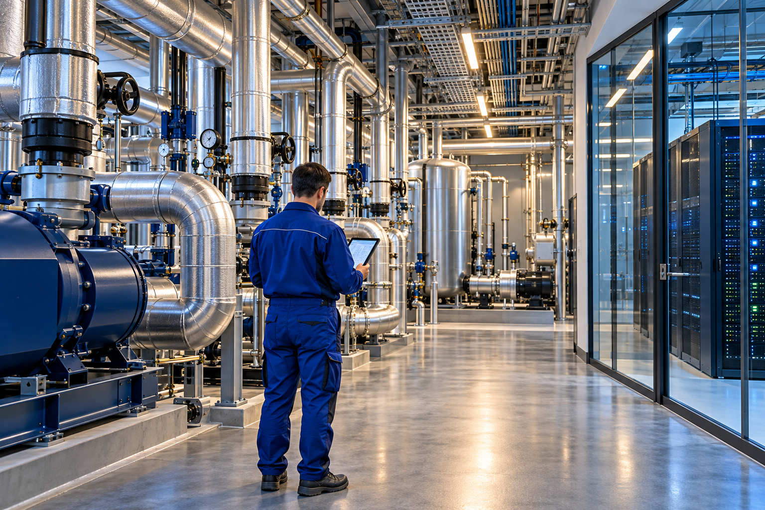 Illustration of a technician inspecting refrigeration pipework and data centre infrastructure
